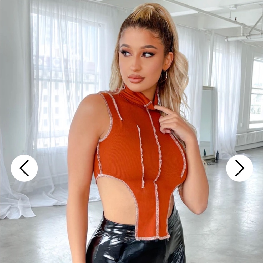 Sleeveless Rust Cutout Crop Top with Raw Edge Detail